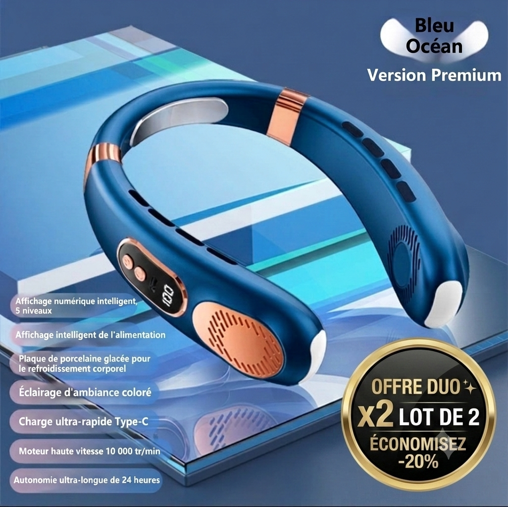 Climatiseur de cou portable bleu océan x2 pour rafraîchissement pendant la canicule 