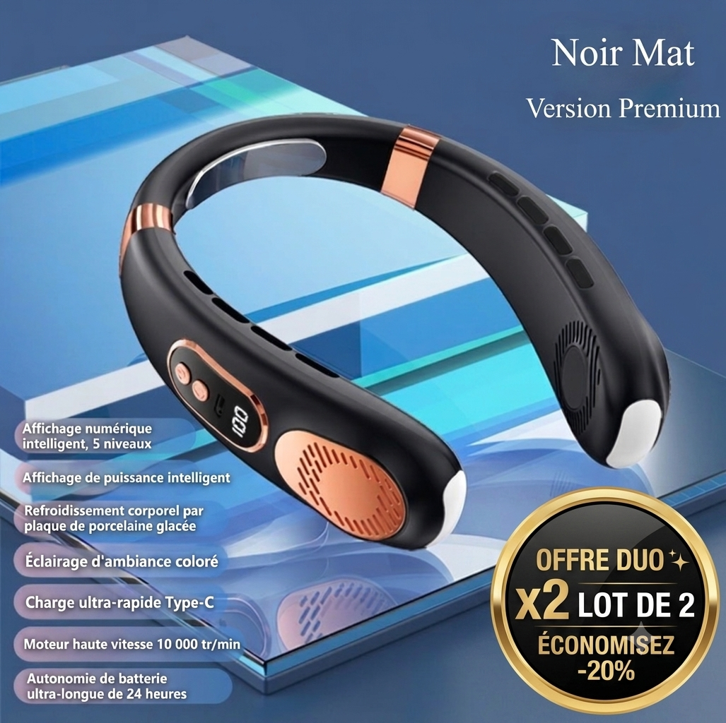 Climatiseur de cou portable noir  mat x2 pour rafraîchissement pendant la canicule 