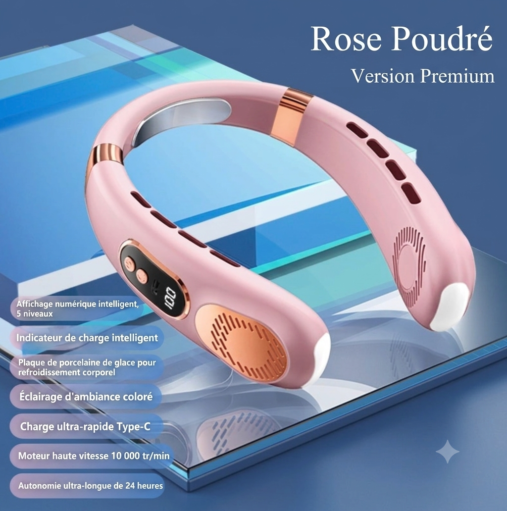 Climatiseur de cou portable rose poudré pour rafraîchissement pendant la canicule 