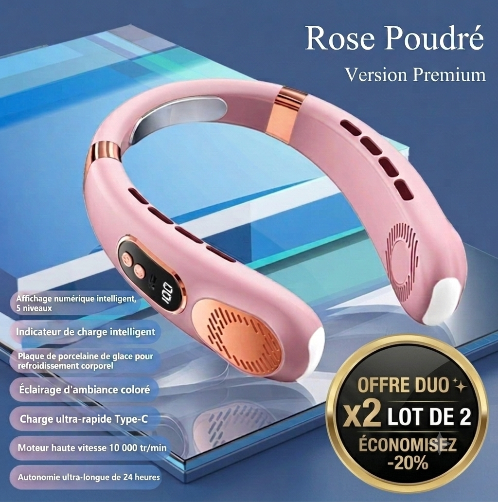 Climatiseur de cou portable rose poudré x2 pour rafraîchissement pendant la canicule 