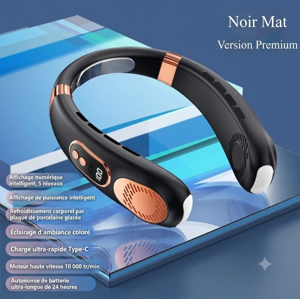Climatiseur de cou portable noir  mat pour rafraîchissement pendant la canicule 
